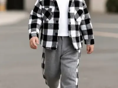 Grey And Black Check Button Down Kids Track Suit