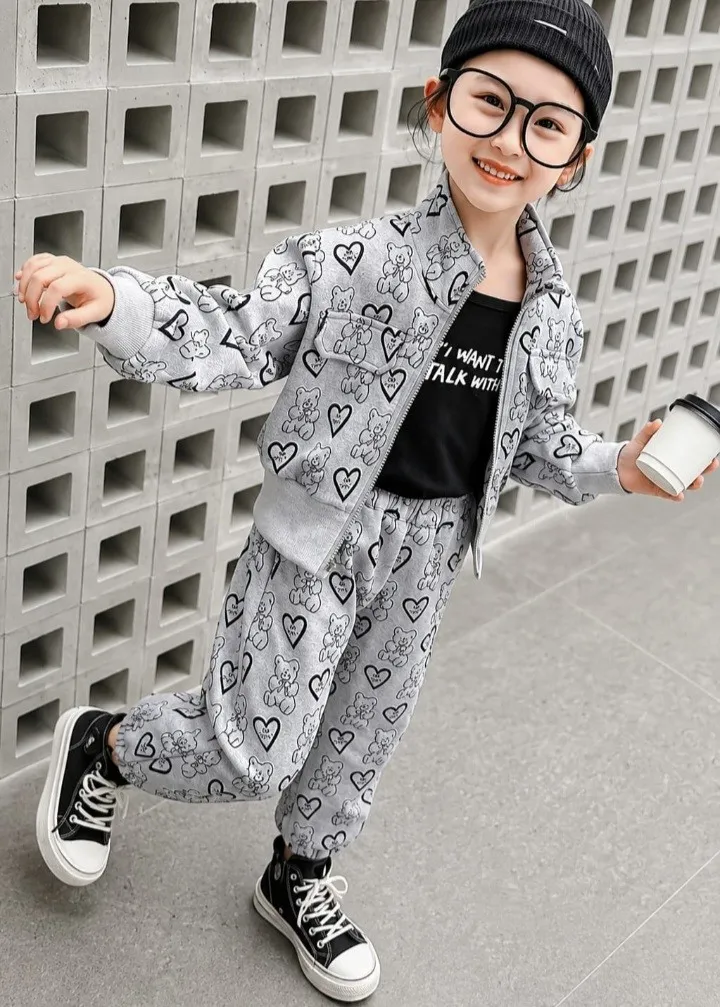 Grey Cute Bear And Hearts Printed Zipper Track Suit