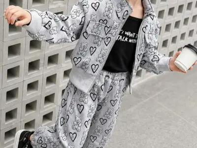 Grey Cute Bear And Hearts Printed Zipper Track Suit