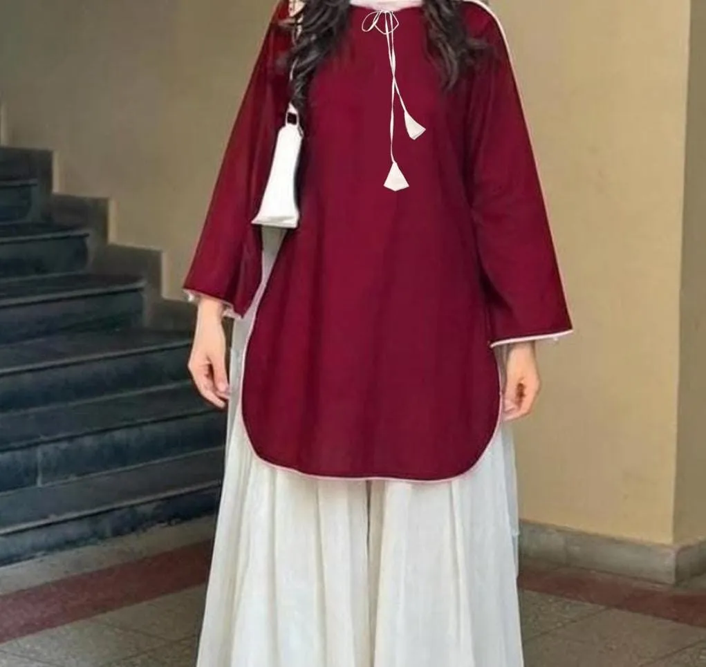 Maroon Cotton 3pc Stitched Suit With Dori Style & Lace Work
Wh