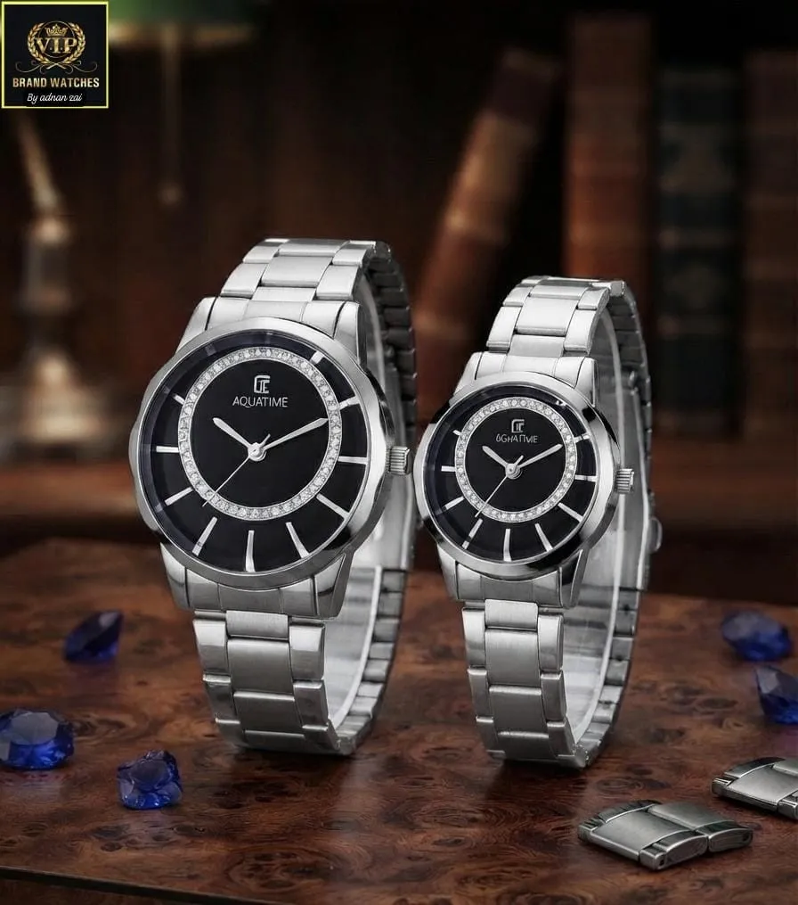 Aquatime Couple Watches Pair Silver Chain Black Dial
VIP Brand Stainle