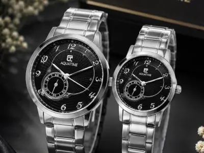 Aquatime Couple Watches Pair Silver Chain Black Dial
VIP Brand Stainle - photo 3