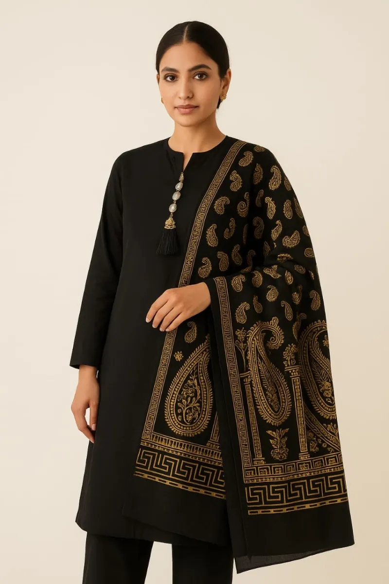 Black Gold Paisley Print 3pc Suit With Tassel Button
Linen Shirt Trouser & Shawl