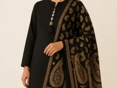 Black Gold Paisley Print 3pc Suit With Tassel Button
Linen Shirt Trouser & Shawl - photo 1
