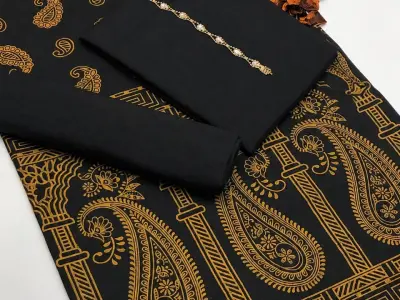 Black Gold Paisley Print 3pc Suit With Tassel Button
Linen Shirt Trouser & Shawl - photo 2