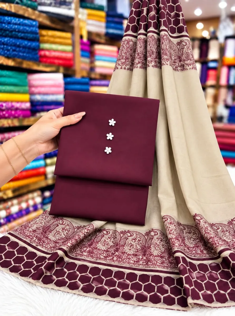 Mehroon Plain 3pc Dress With Printed Shawl Dupatta
Linen Shirt Trouser With Wool
