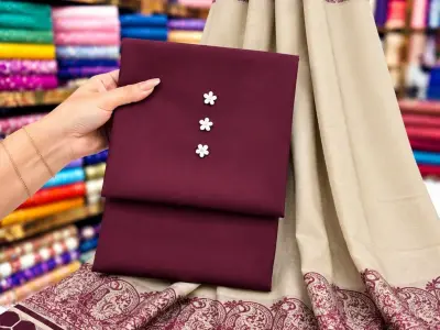 Mehroon Plain 3pc Dress With Printed Shawl Dupatta
Linen Shirt Trouser With Wool - photo 1