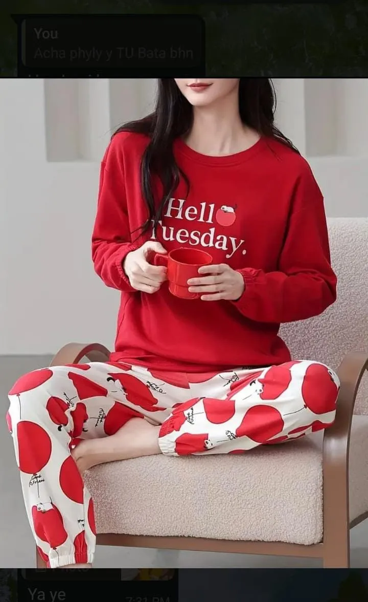 Hello Tuesday Red 2pc Night Suit For Women
Long Sleeve Sweatshirt & Balloon Prin