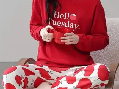 Hello Tuesday Red Two-Piece Night Suit For Women Long Sleeve Sweatshirt and Balloon Print