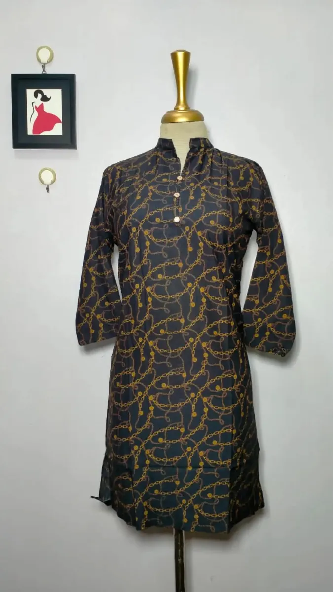 Dhanak Winter Kurti - Navy Blue Chain Print - Stylish Stitched Shirt For Girls -