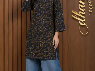 Dhanak Winter Kurti - Navy Blue Chain Print - Stylish Stitched Shirt For Girls - - photo 2