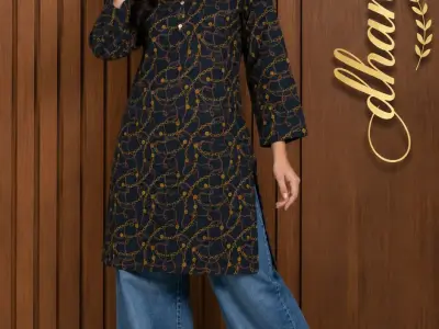 Dhanak Winter Kurti - Navy Blue Chain Print - Stylish Stitched Shirt For Girls - - photo 3