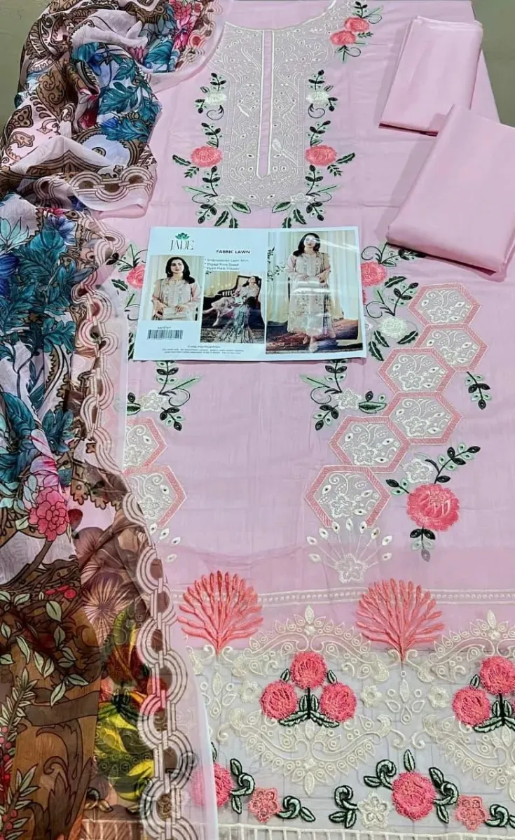 Jade Lawn 3PC - Pink Embroidered Suit With Digital Dupatta - Fancy Chikankari Wo