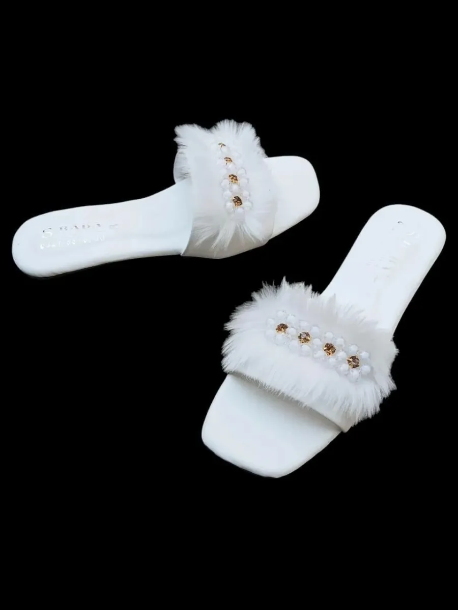 White Flower Flat Slipper For Girls - Korean Style Flower Slipper - Beach Wear S