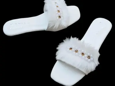 White Flower Flat Slipper For Girls - Korean Style Flower Slipper - Beach Wear S - photo 1