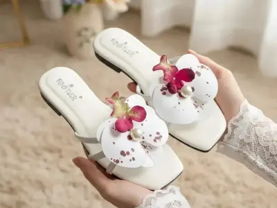 White Flower Flat Slipper For Girls - Korean Style Flower Slipper - Beach Wear S - photo 5