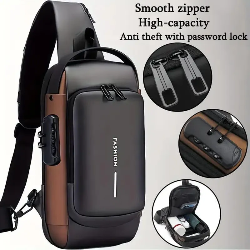 Premium Anti-Theft Sling Bag with Password Lock – Black & Brown
