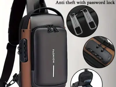 Premium Anti-Theft Sling Bag with Password Lock – Black & Brown - photo 1