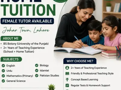 Female Home Tutor Available in Johar Town | Nursery to Matric