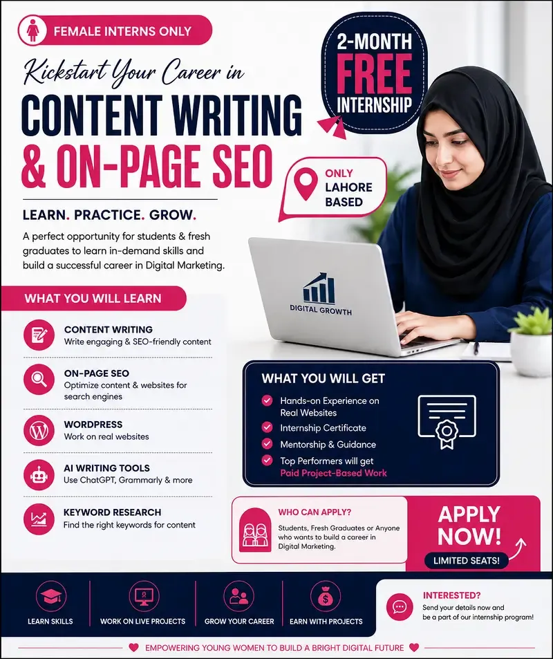 SEO Content Writing & AI Internship Program (Female Only – Lahore)