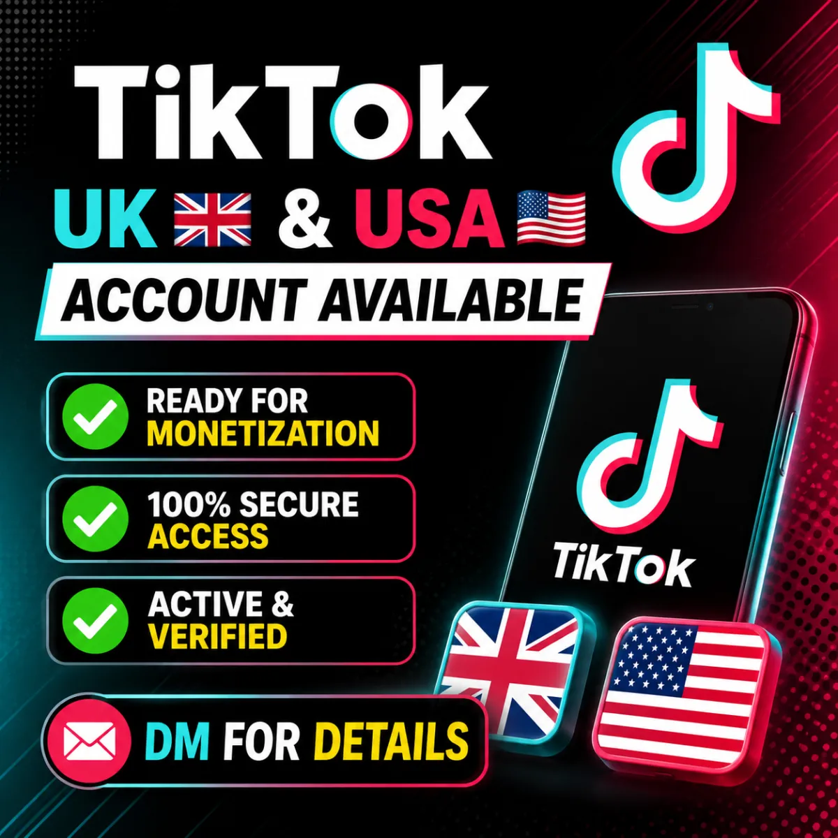 TikTok UK 🇬🇧 & USA 🇺🇸 Account Available
✅ Ready for Monetization
✅ 100% Secu