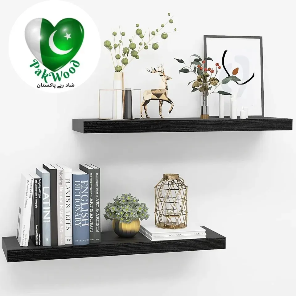 Wooden Floating Wall Shelves Set of 2 | Modern Wall Mounted Display Shelf | Home